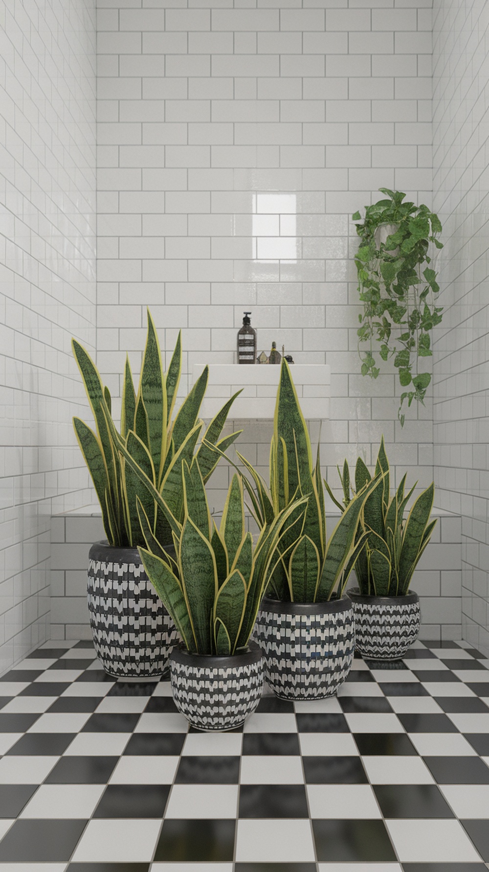 Black and white bathroom featuring snake plants in patterned pots on a checkered floor.