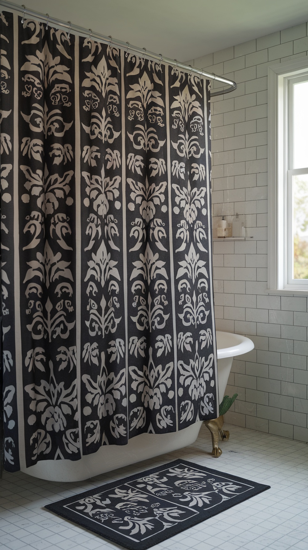 A black and white floral patterned shower curtain in a modern bathroom setting.