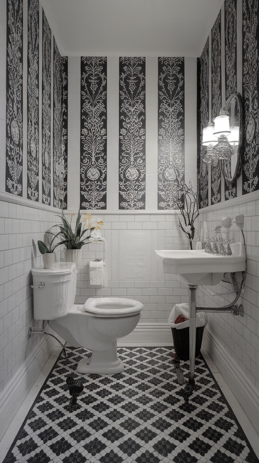A black and white bathroom featuring floral wall decals, white subway tiles, and a patterned floor.