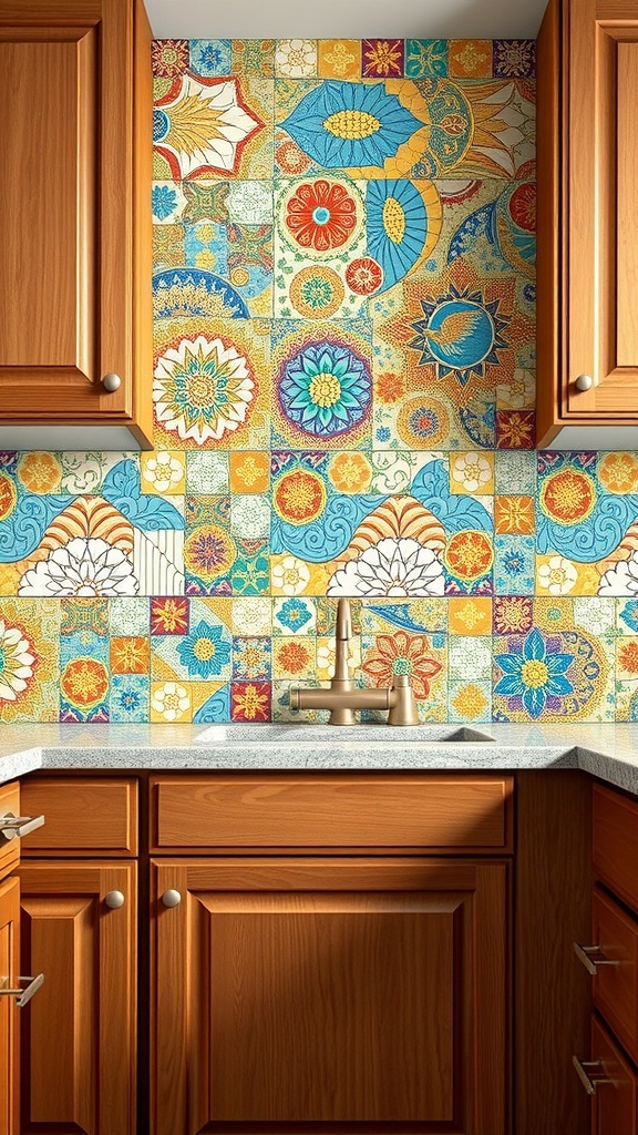 Colorful mosaic backsplash in a kitchen with brown cabinets