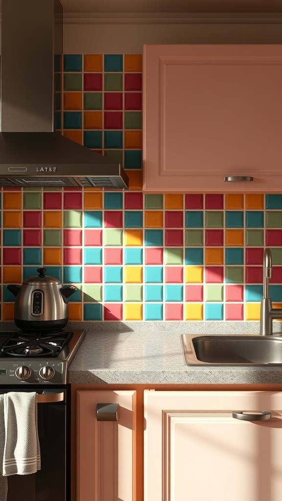 A colorful kitchen backsplash with bright grout, featuring a mix of tiles in various colors.