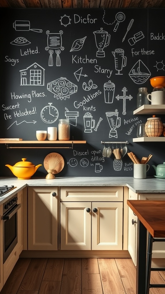 Kitchen with chalkboard paint backsplash featuring doodles and notes