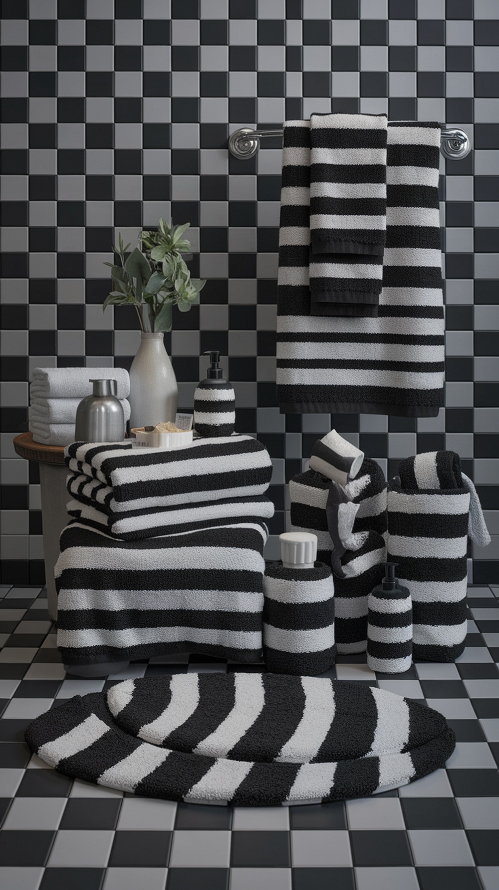 Black and white striped towels and accessories in a modern bathroom setting