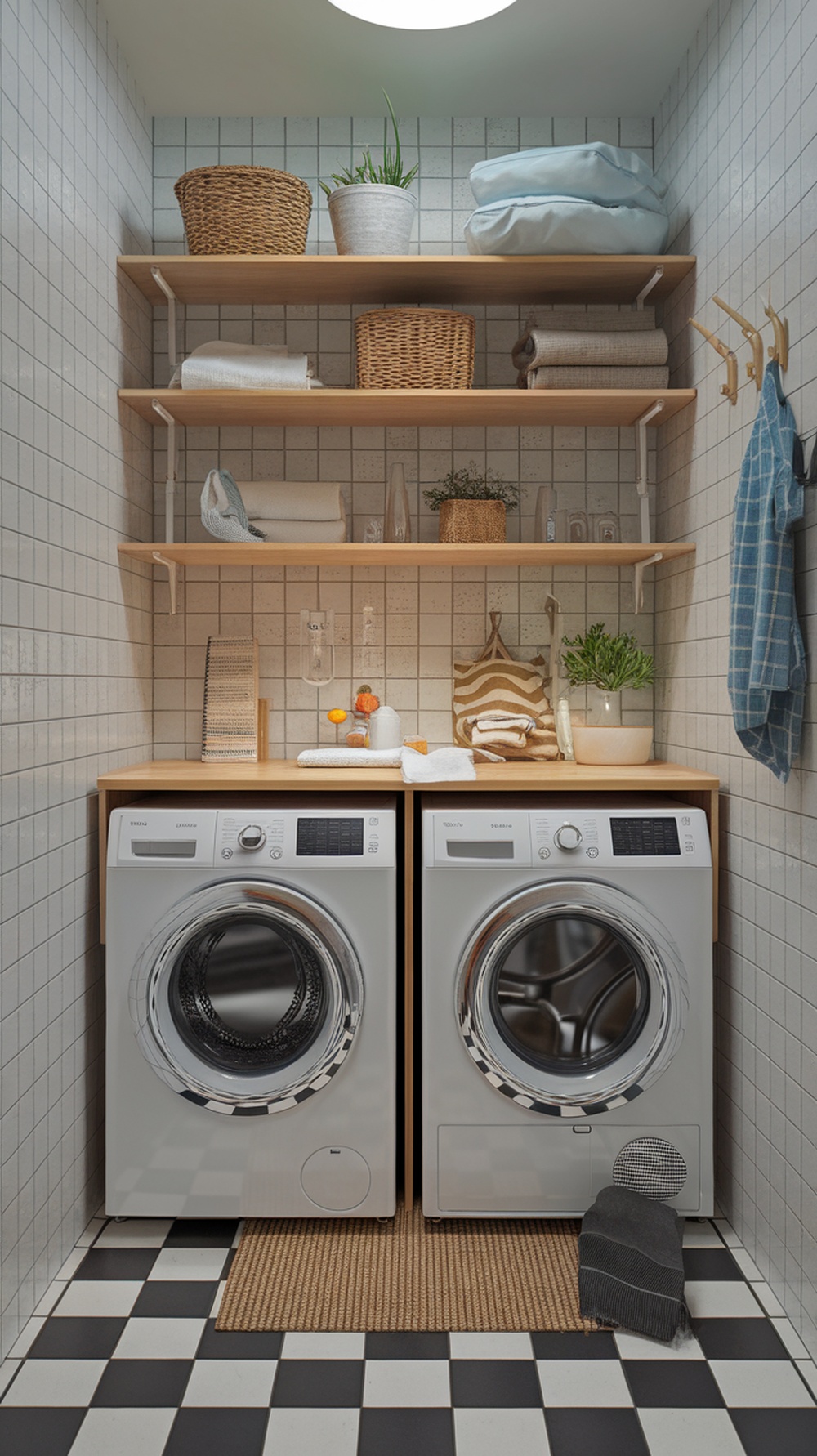 A small, modern laundry room with energy-efficient washing and drying machines, wooden shelves, and organized storage.
