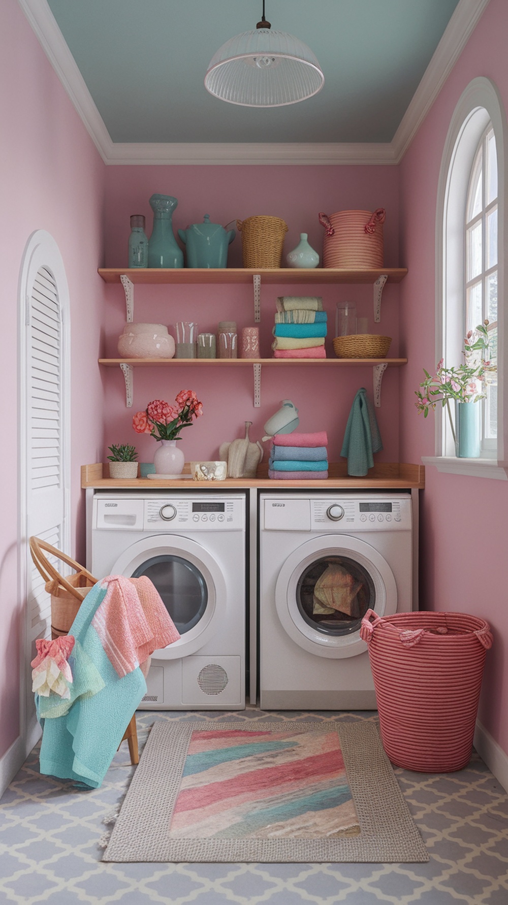 A small laundry room with pink walls, blue ceiling, and colorful towels.