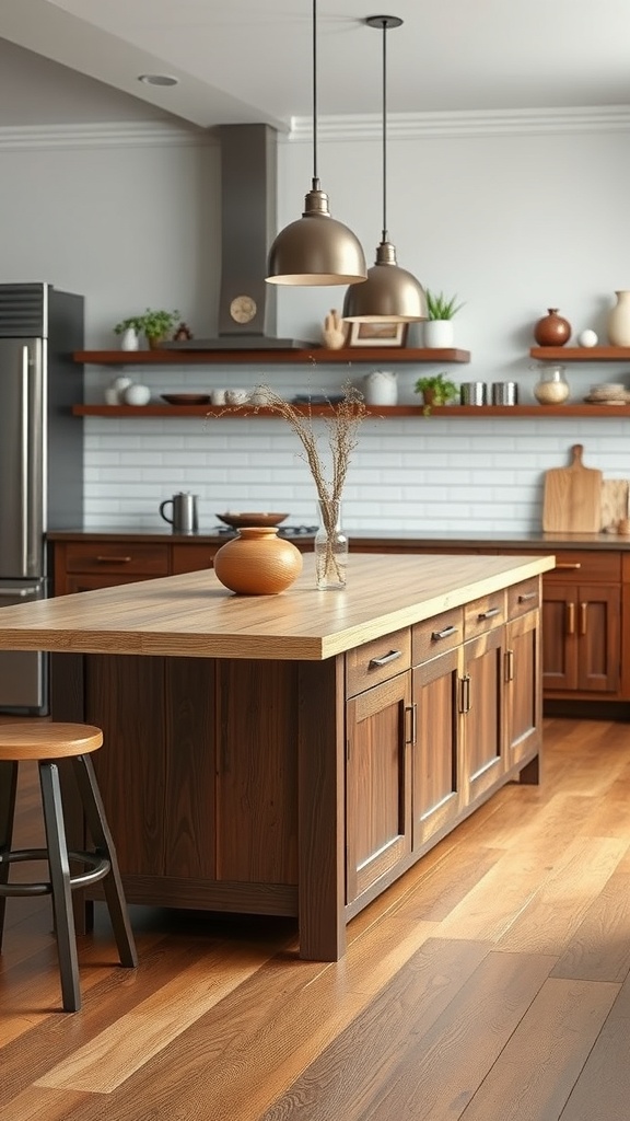 A kitchen island dining table made of wood with a light wooden top and dark wooden cabinets, featuring stylish pendant lights above.
