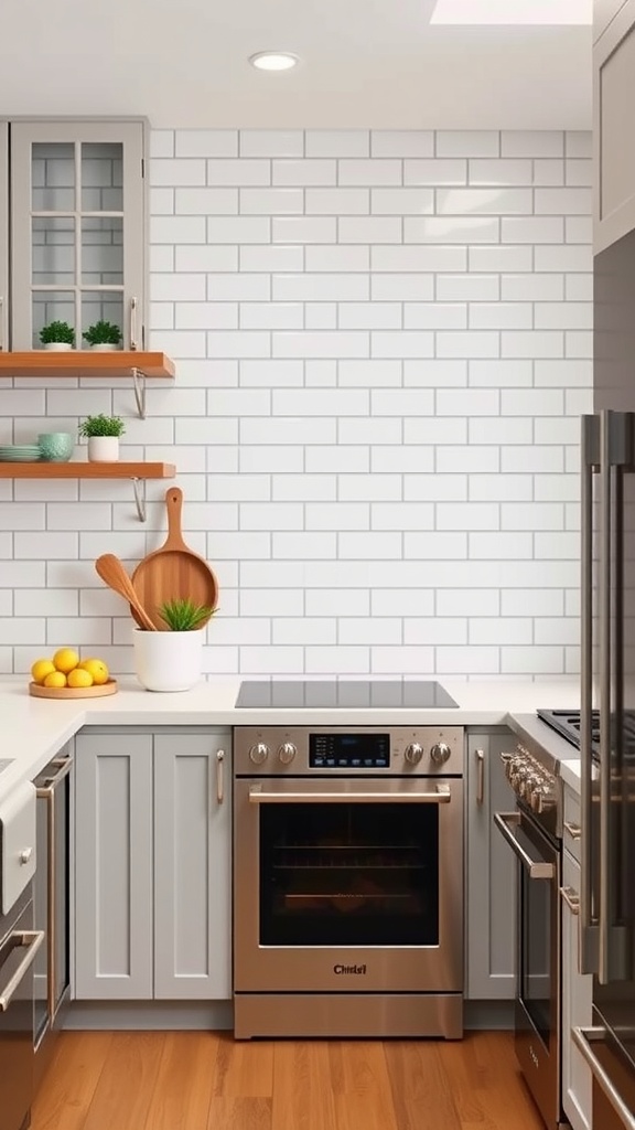 A kitchen with a classic white subway tile backsplash, white cabinets, and gold accents.