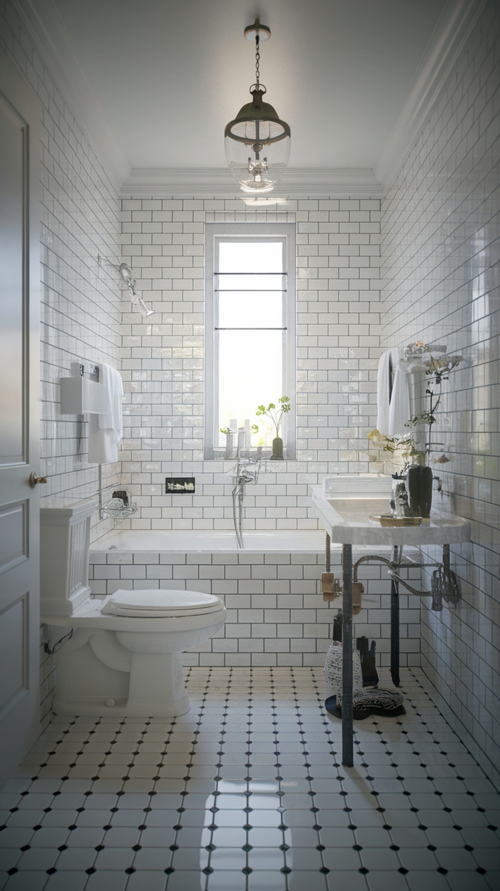 A modern bathroom featuring classic white subway tile walls, black and white flooring, and natural light from a window.