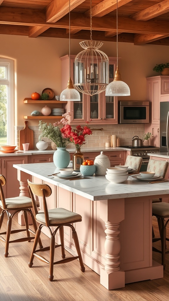 A stylish kitchen featuring a pink island table with wooden chairs, decorative items, and warm lighting.