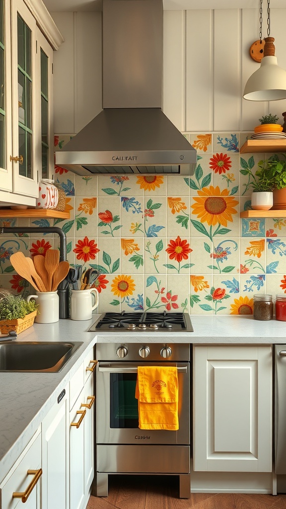 A kitchen with a colorful painted tile backsplash featuring flowers and leaves.