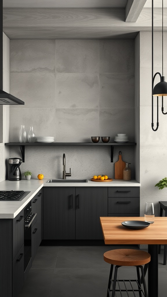 A modern kitchen featuring a concrete backsplash with dark cabinets and a wooden table.