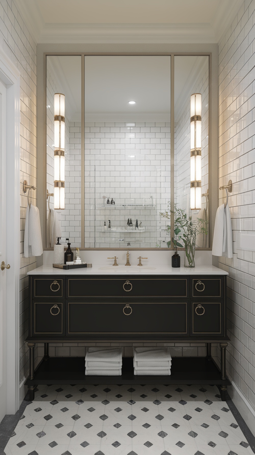 A contemporary black vanity in a modern black and white bathroom with a white countertop and stylish fixtures.