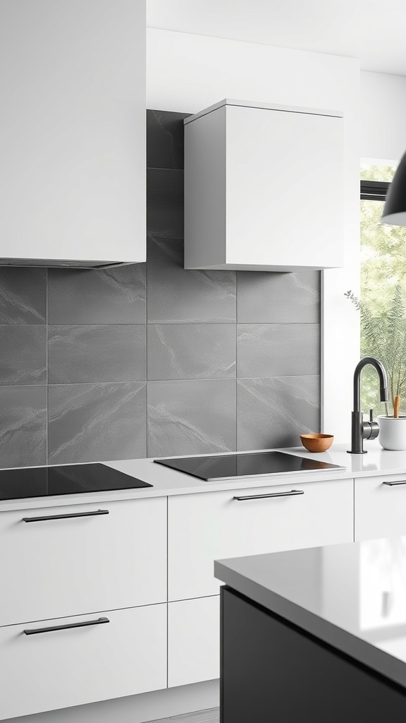 Modern kitchen with a contemporary slate backsplash and white cabinetry