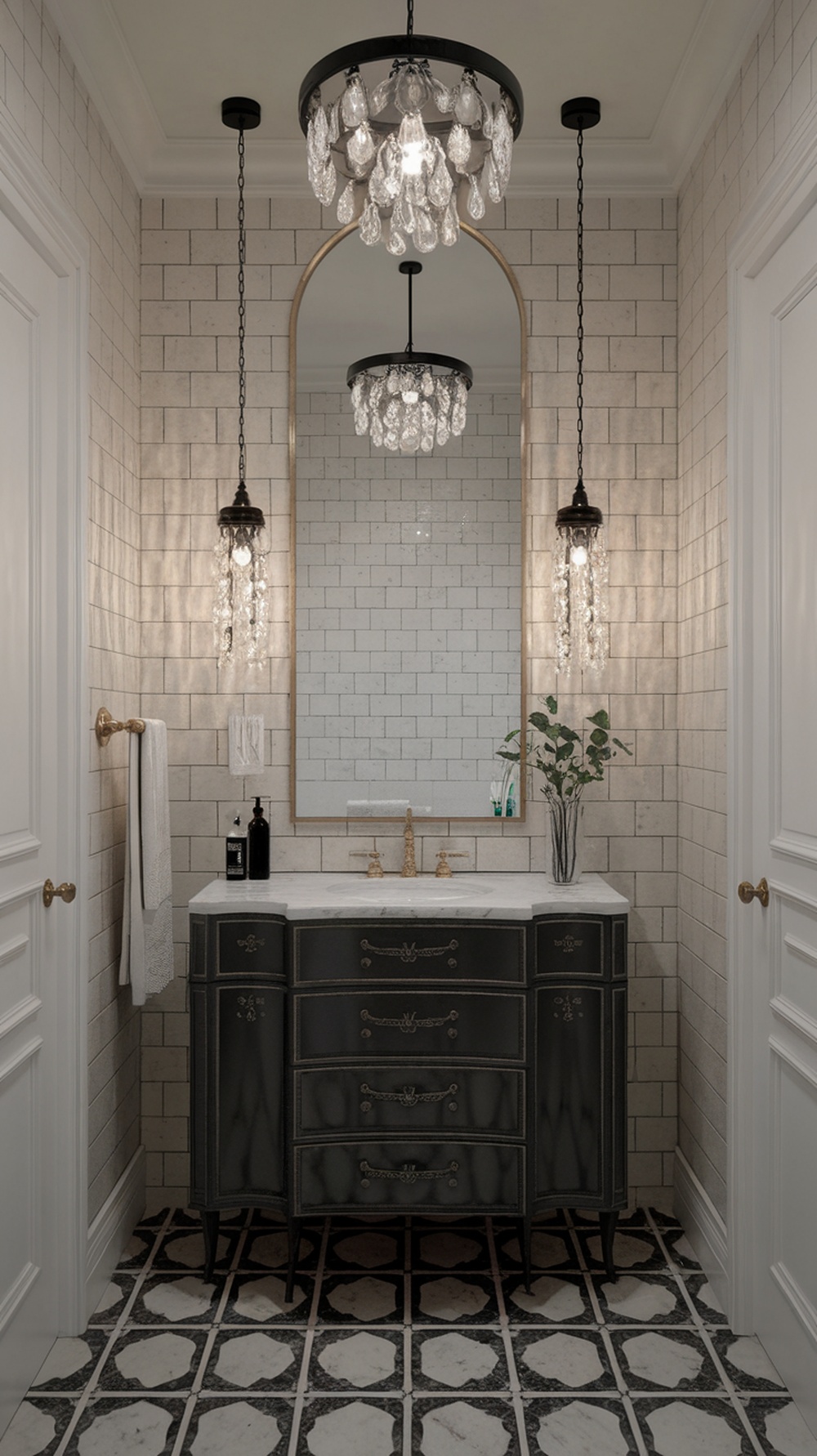 A black and white bathroom featuring contrasting lighting fixtures, including elegant chandeliers and industrial-style pendants.