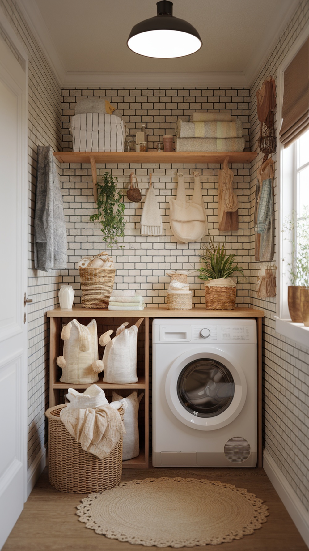 Cozy small laundry room with wooden shelves, plants, and a washing machine.