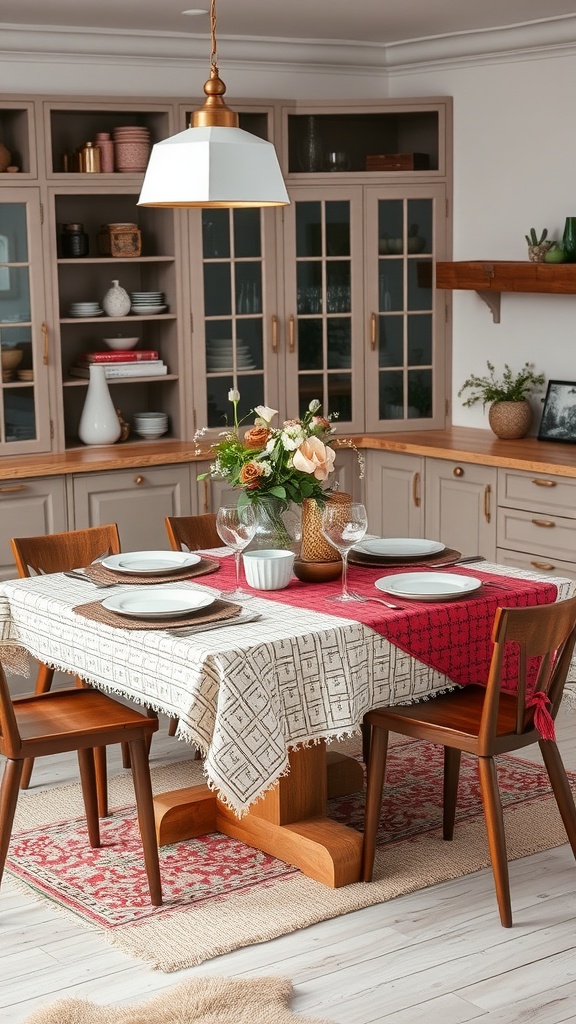 A cozy kitchen dining area featuring a wooden island table with layered textiles, decorative flowers, and elegant table settings.