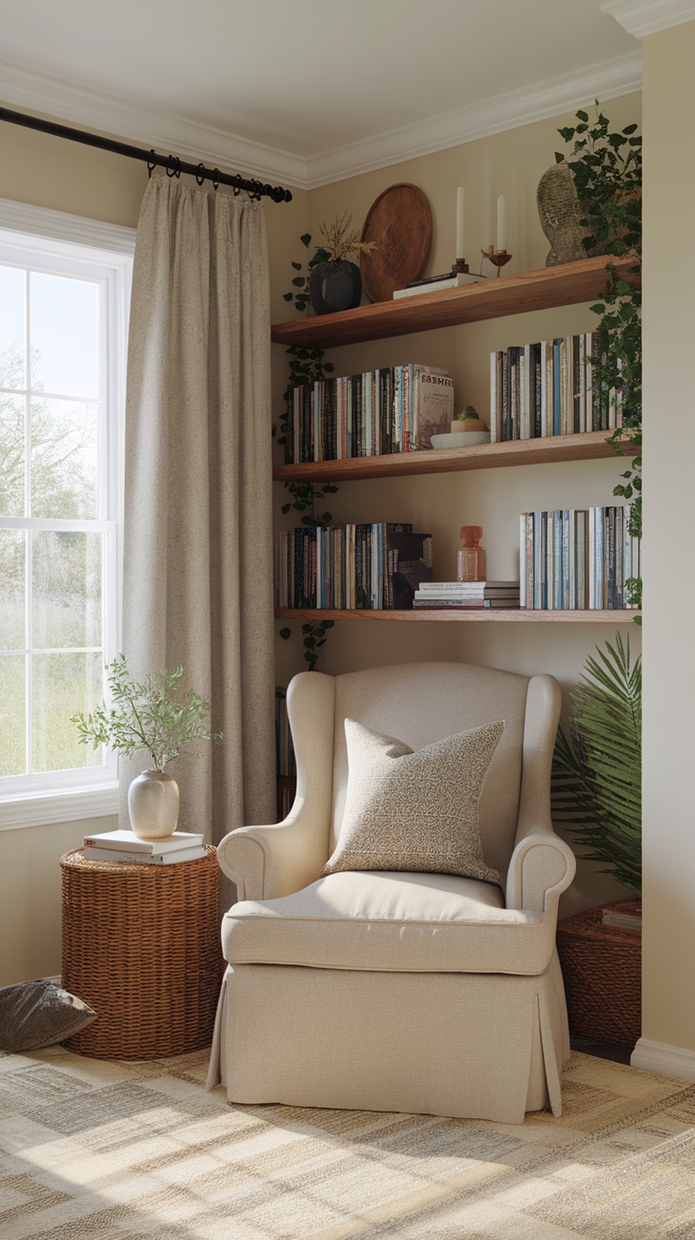 Cozy reading nook with a comfortable chair, bookshelves, and natural light