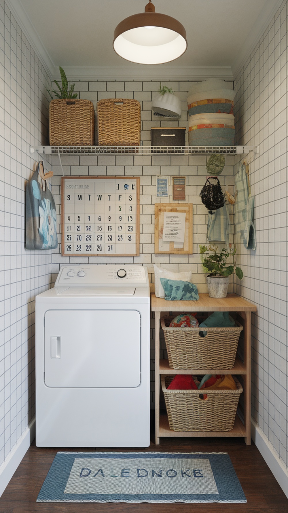A small laundry room with a washer, dryer, wooden shelves, baskets, a calendar, and decorative plants.