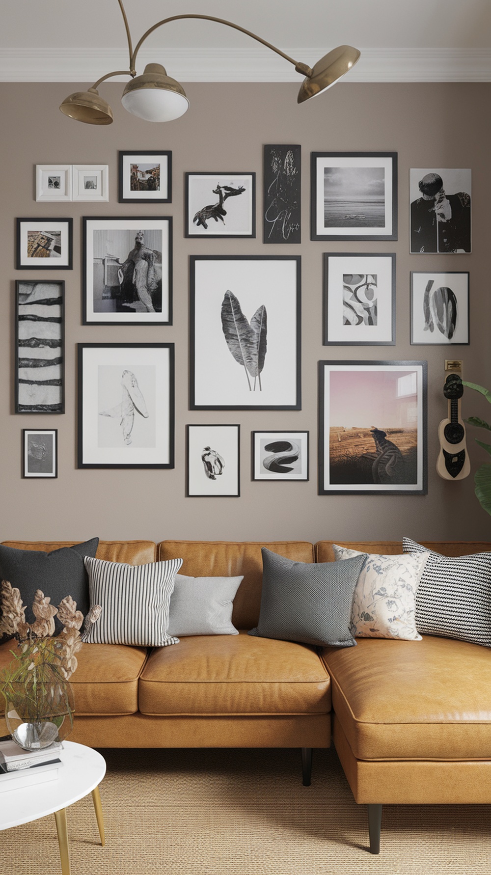 A gallery wall with various framed artworks and photographs above a brown sectional sofa.