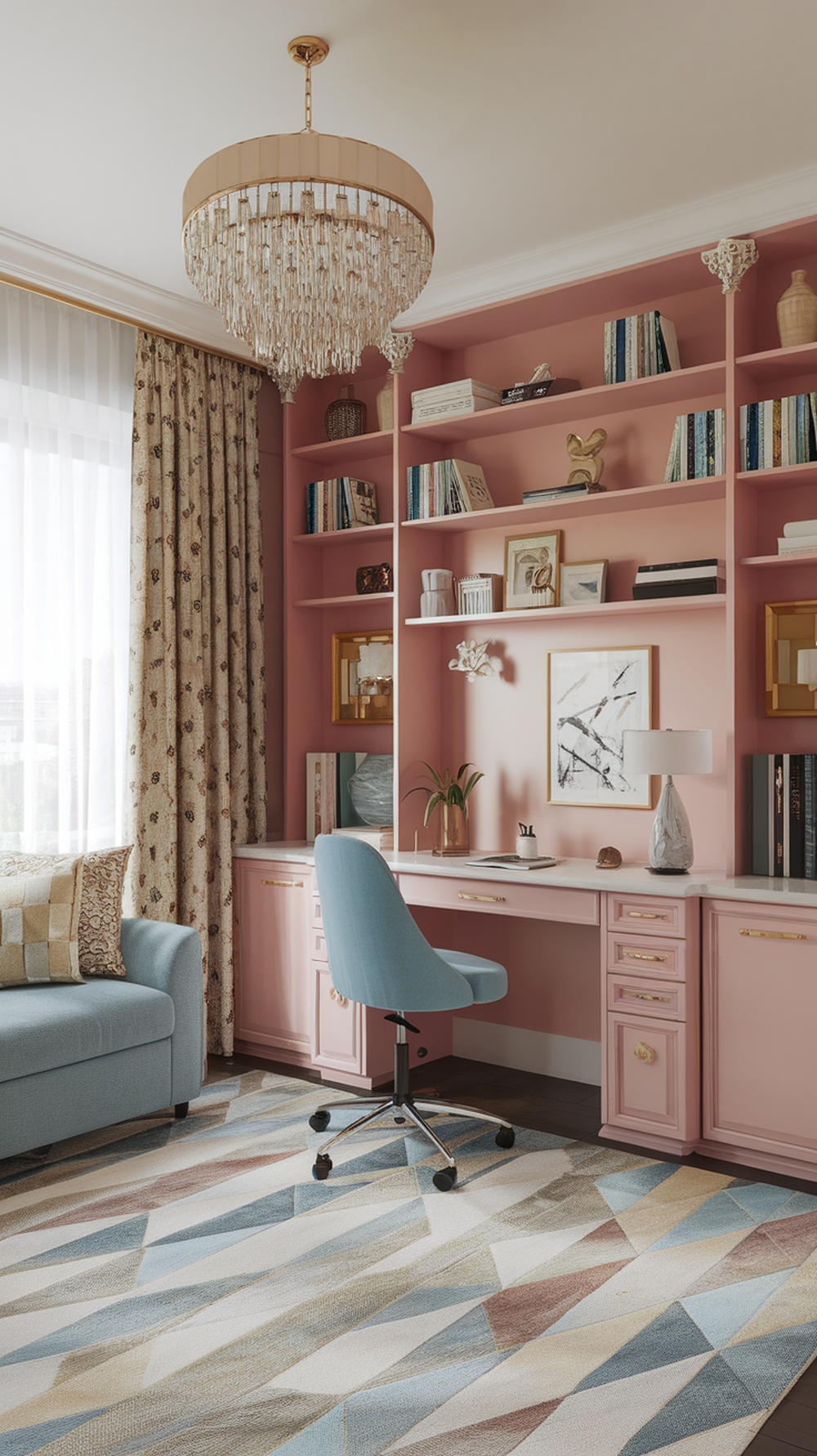 A stylish living room with a cozy sofa, a workspace, and elegant decor.