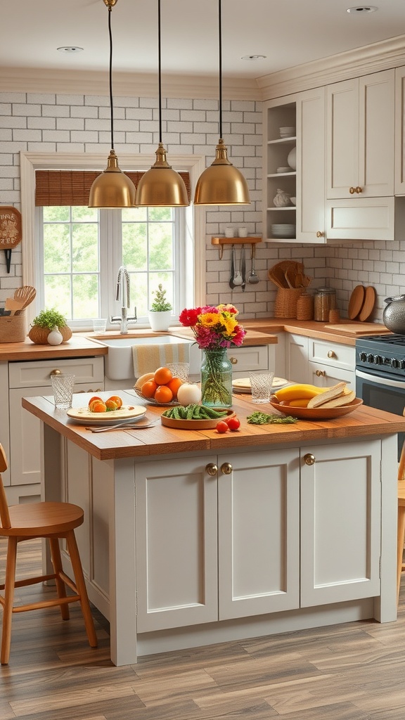 A bright kitchen featuring a wooden kitchen island dining table with fresh fruits and flowers, creating a welcoming atmosphere.