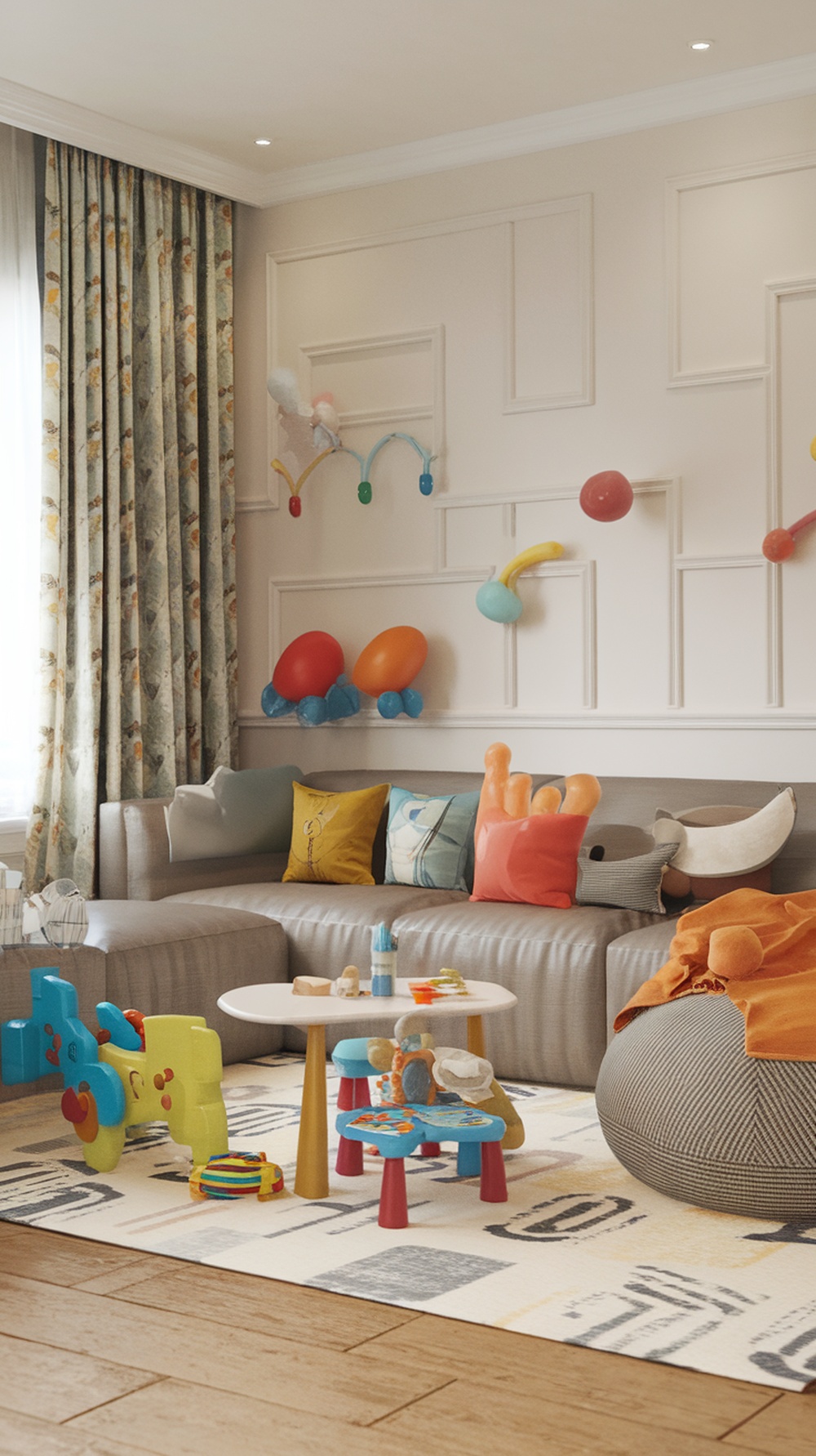 A cozy living room with a play area for kids, featuring colorful toys, a small table, and a soft rug.