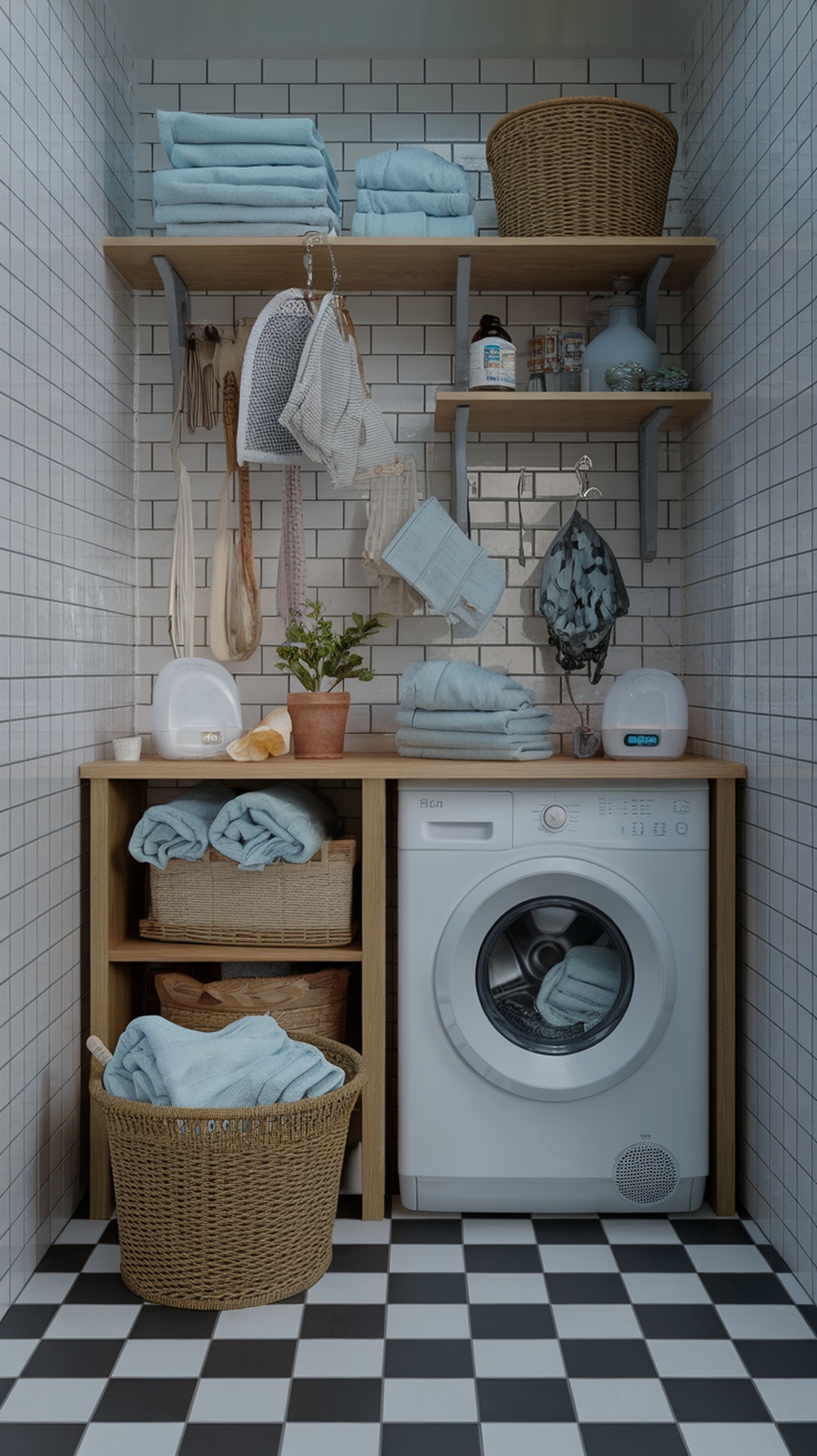 A small laundry room with neatly arranged towels, shelves, and a plant, showcasing a clean and organized space.