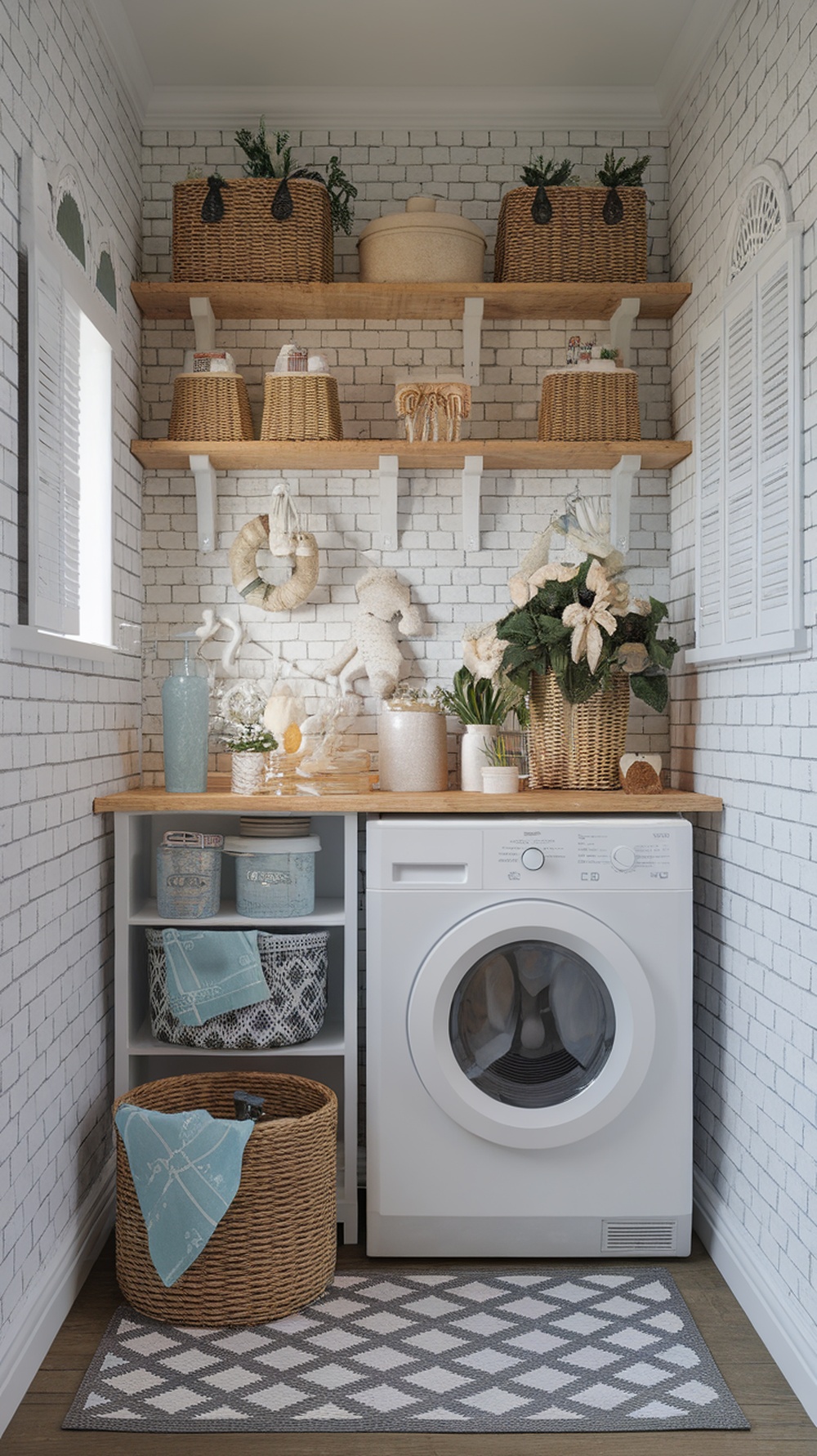 A cozy small laundry room with seasonal decor, featuring woven baskets, flowers, and a patterned rug.