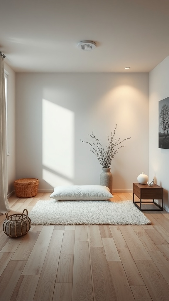 A minimalist bedroom corner with a soft rug, cushions, and natural decor.