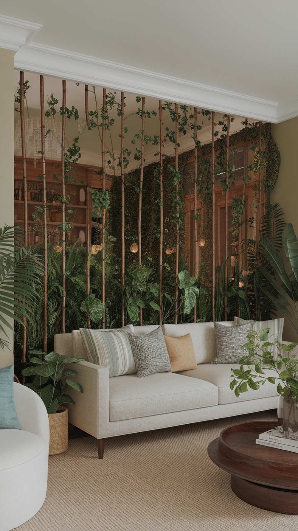 Indoor garden acting as a partition between living room and dining area, featuring plants and wooden elements.