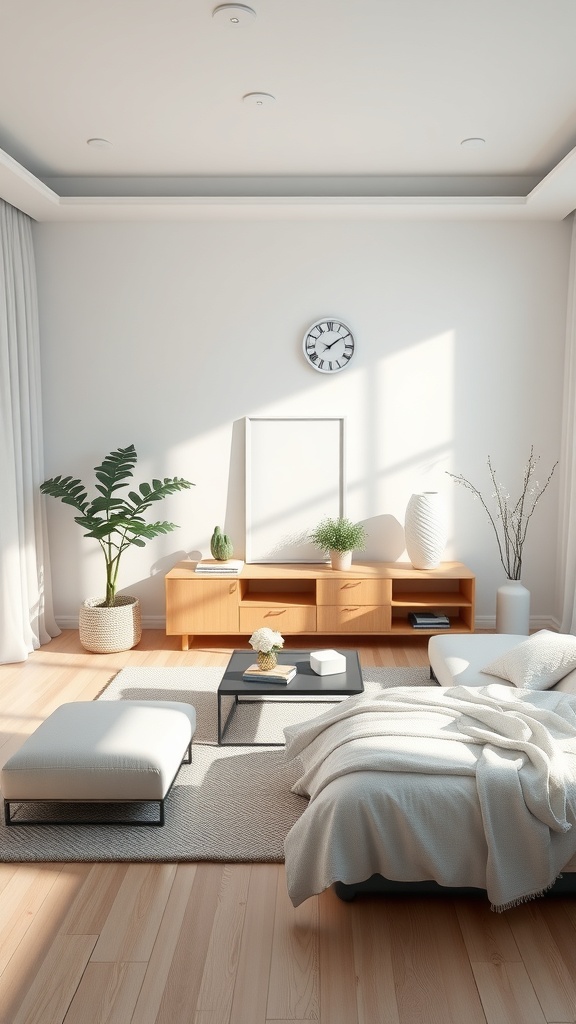 A minimalist bedroom with symmetrical furniture arrangement, featuring a cozy bed, a small coffee table, and decorative plants.