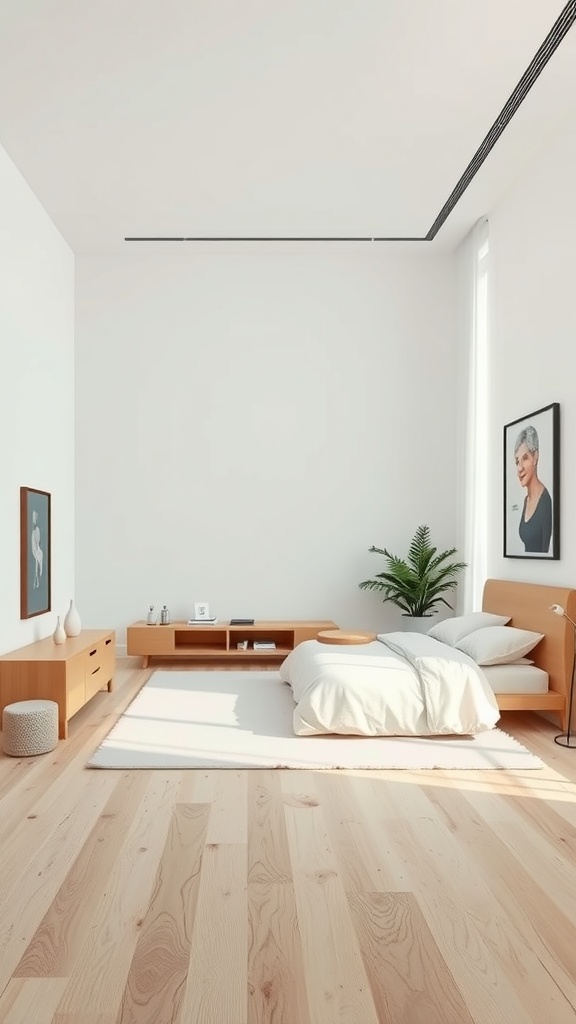 A minimalist bedroom with light wood flooring, a simple bed, and a plant, showcasing an open layout.