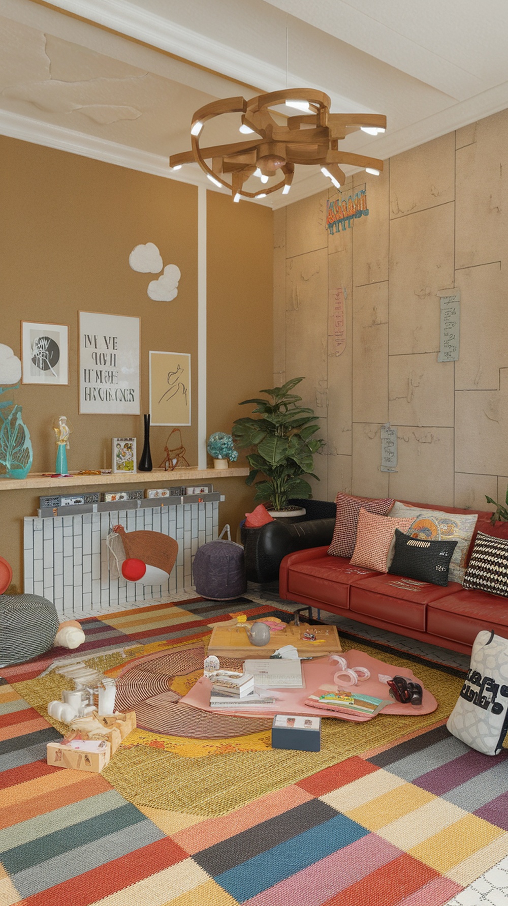 A colorful rug in a living room, creating zones and enhancing the space.