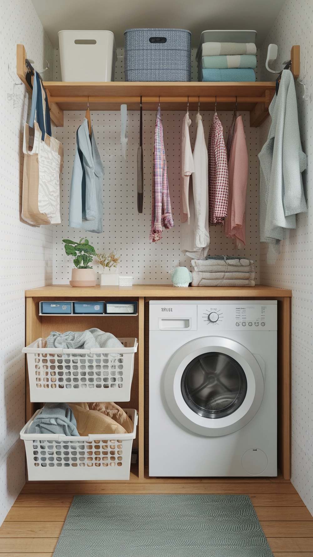 A small laundry room featuring a washing machine, shelves with storage bins, hanging clothes, and baskets for laundry.