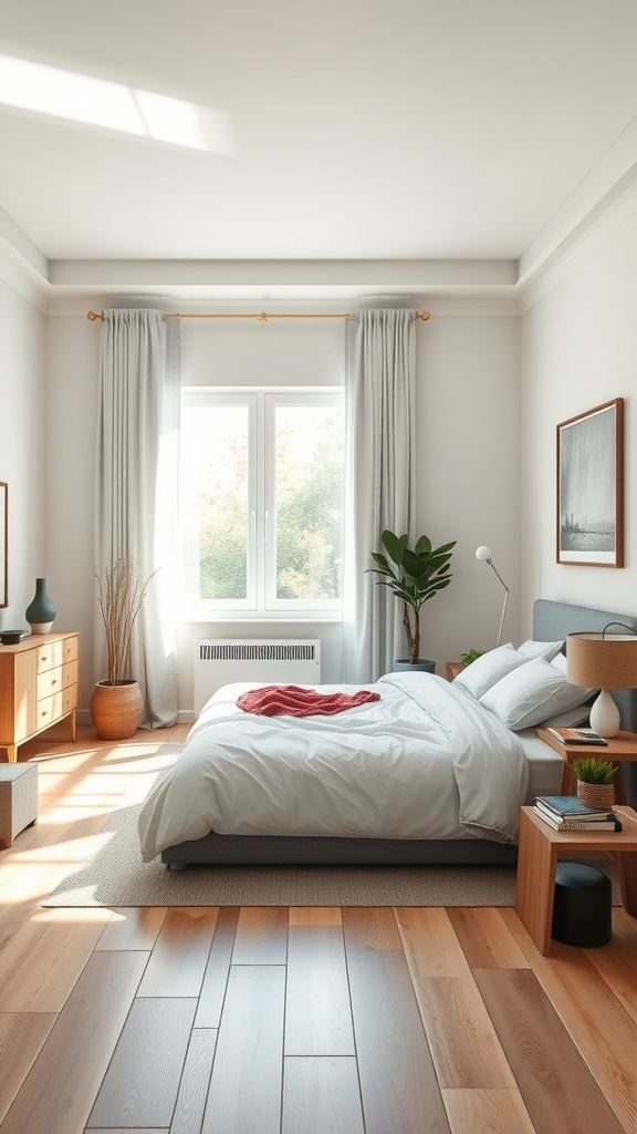 A cozy minimalist bedroom featuring a simple bed, natural light, and minimal decor.