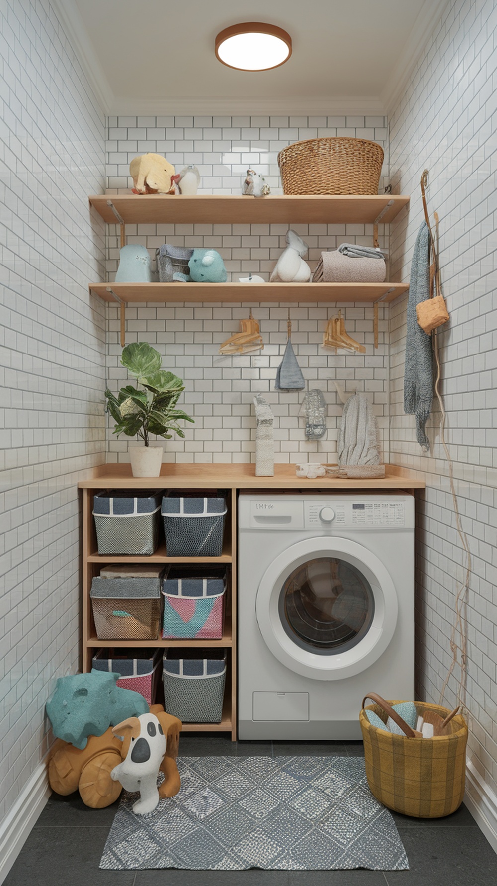 A small laundry room with shelves, a washing machine, and pet-friendly decor.