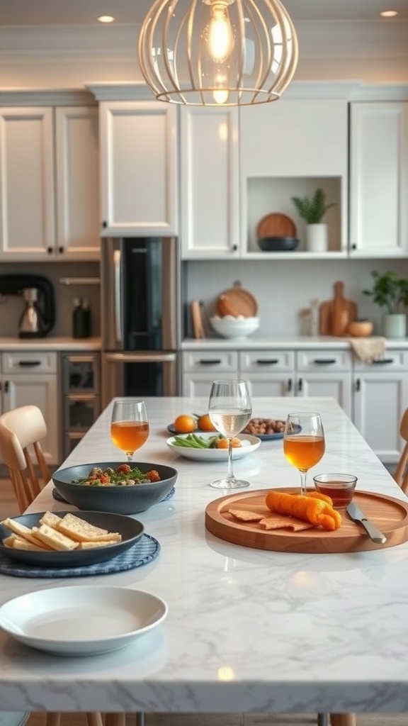 A kitchen island dining table set up for entertaining, featuring drinks and snacks.