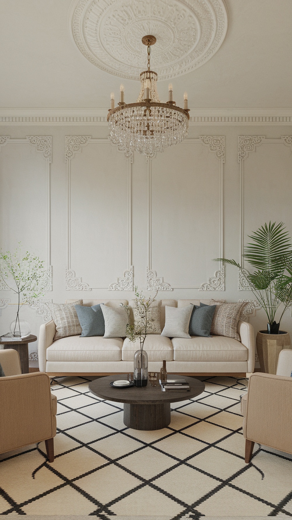 A stylish living room featuring a light sofa, round coffee table, and decorative plants, showcasing a modern partition design.