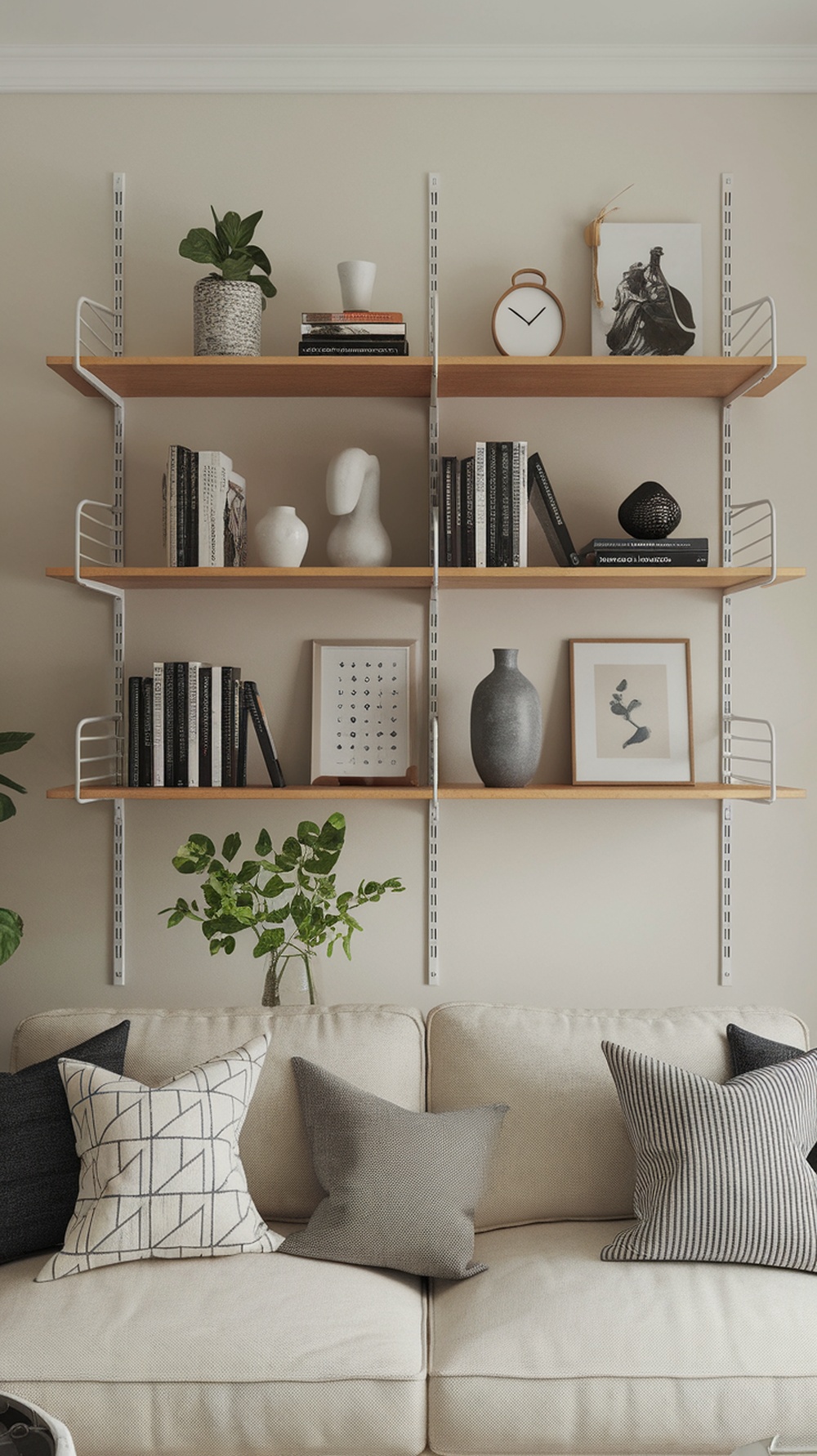 Open shelving in a living room with books, decorative items, and plants.