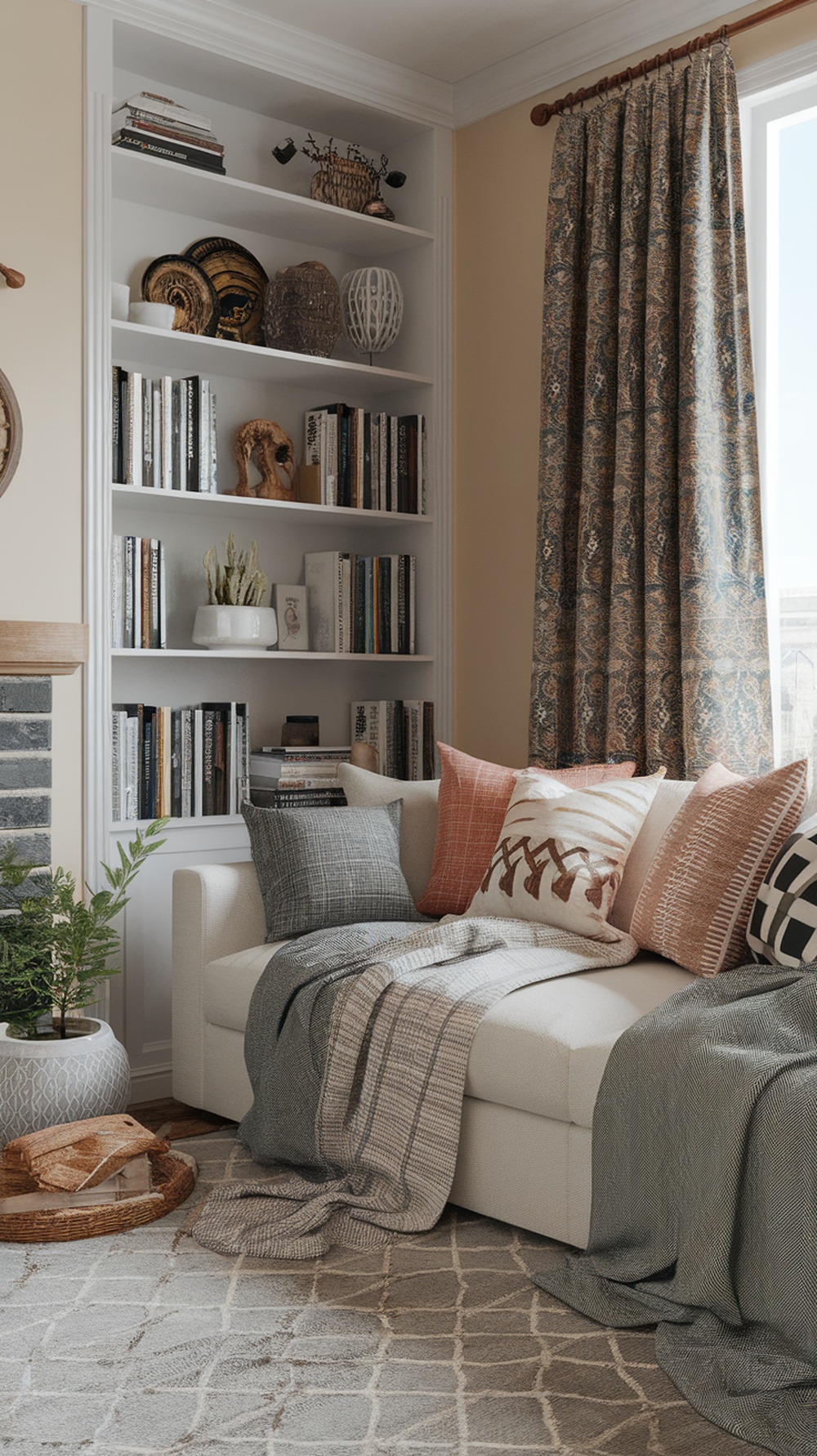 A cozy living room with a white couch, colorful pillows, and patterned curtains, showcasing various textiles for warmth.