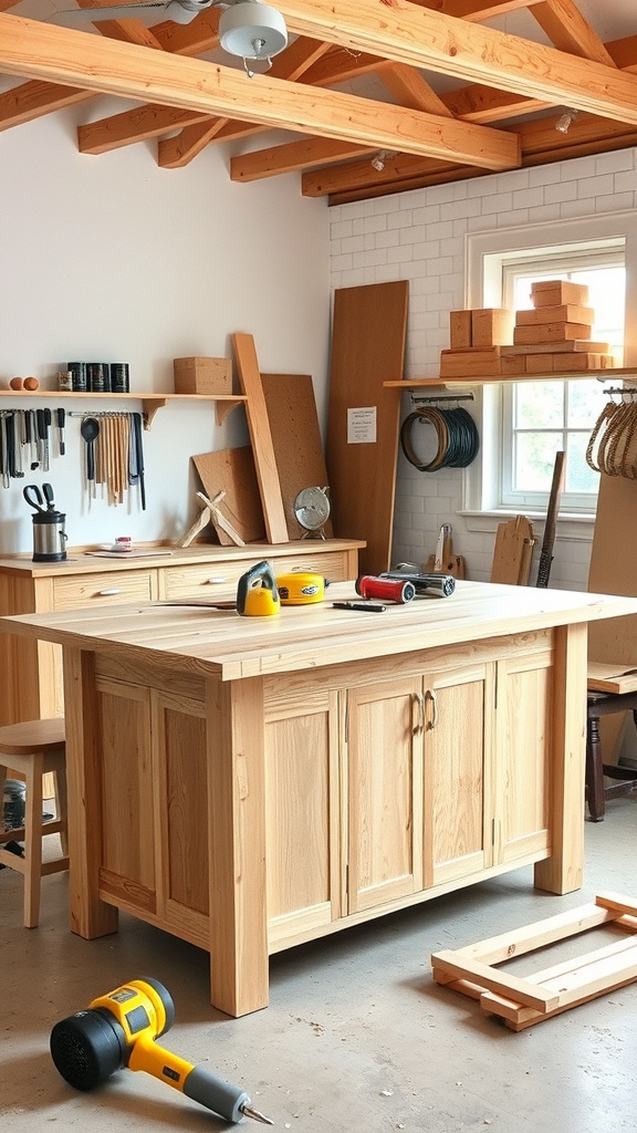 A workspace with a wooden kitchen island under construction, surrounded by tools and materials.