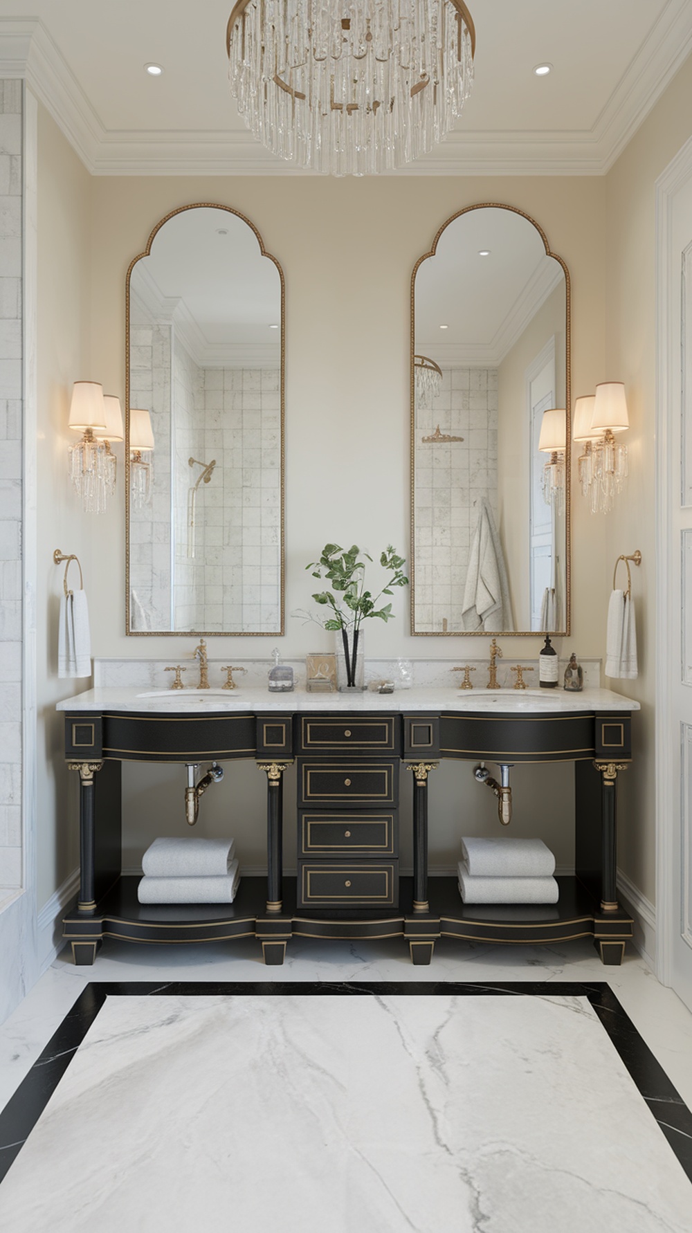 A stylish double sink black vanity with gold accents and white countertops in a modern bathroom setting.