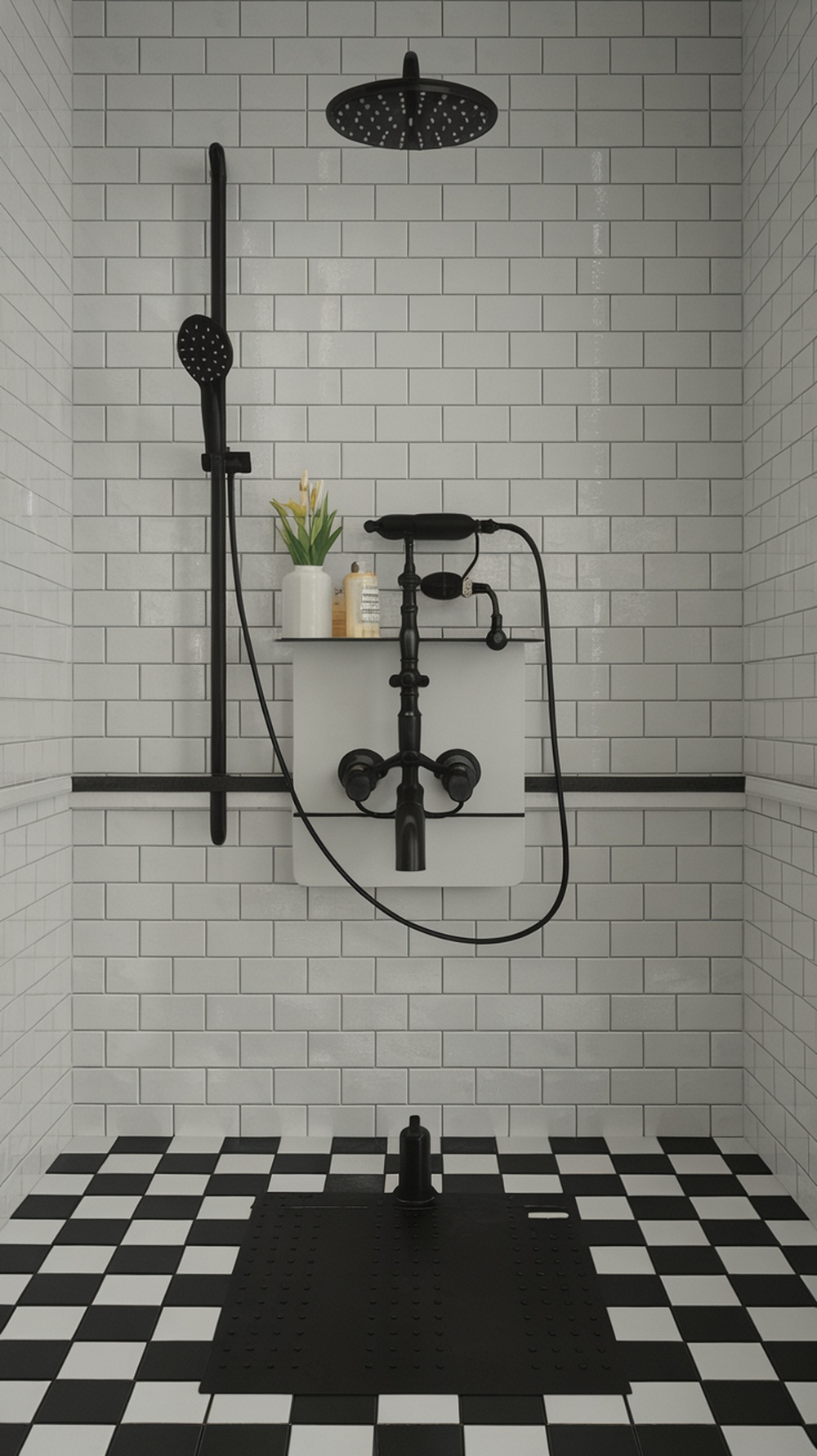 A modern shower with black fixtures and white subway tiles, featuring a black and white checkerboard floor.
