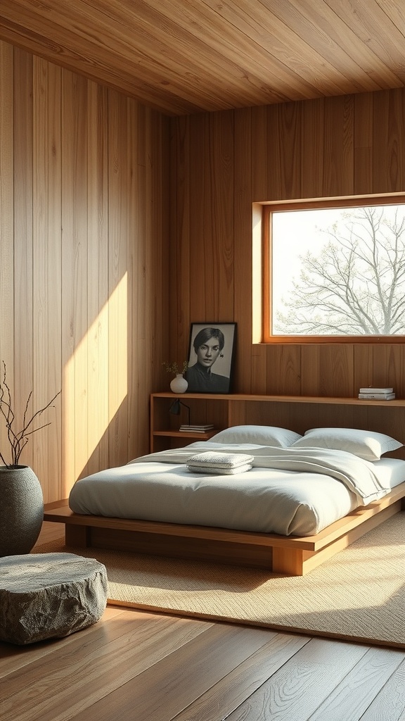 A minimalist bedroom featuring wooden walls, a simple bed, and natural decor elements.