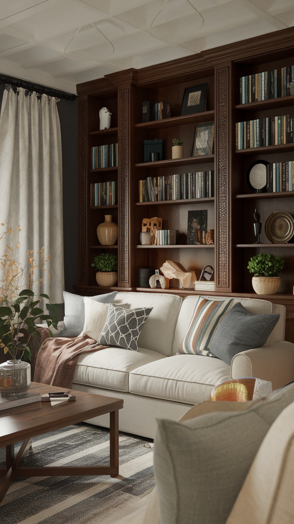 A cozy living room with a sectional sofa, decorative pillows, and a wooden coffee table, showcasing a well-lit space with bookshelves and plants.