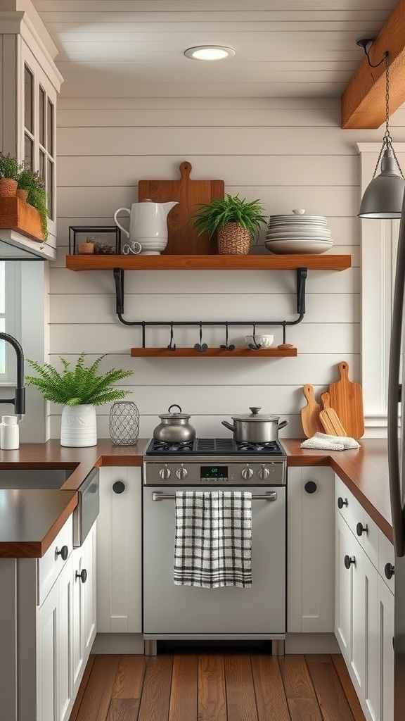 A cozy kitchen featuring white shiplap walls, wooden shelves, and a modern stove, embodying farmhouse style.