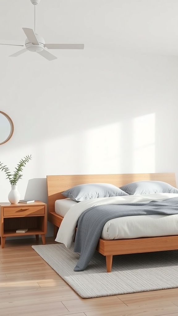 A modern minimalist bedroom featuring a wooden bed, nightstand, and a cozy blanket.