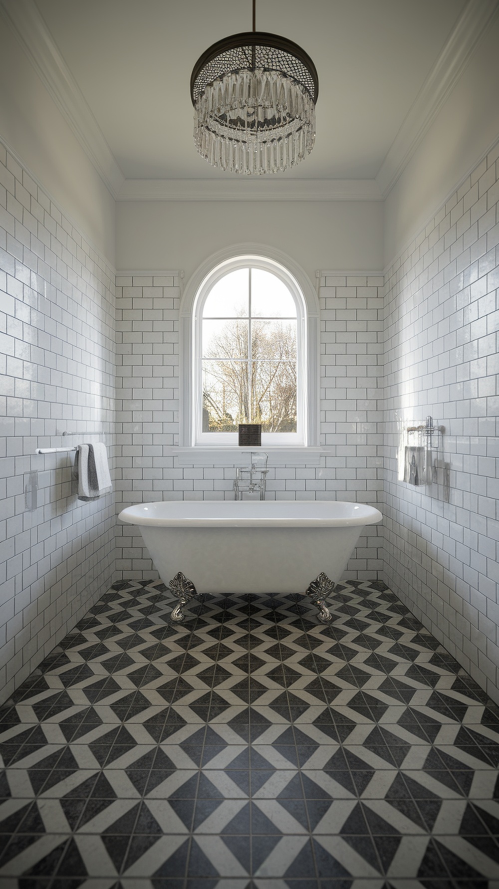 A modern black and white bathroom featuring a geometric tiled floor and a clawfoot bathtub.