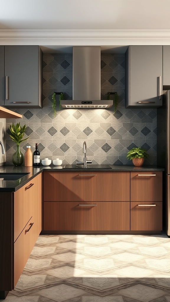A modern kitchen with a geometric tile backsplash featuring gray tones and brown cabinets.