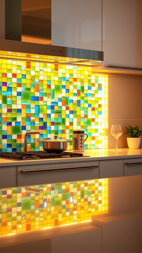Colorful glass mosaic backsplash in a modern kitchen